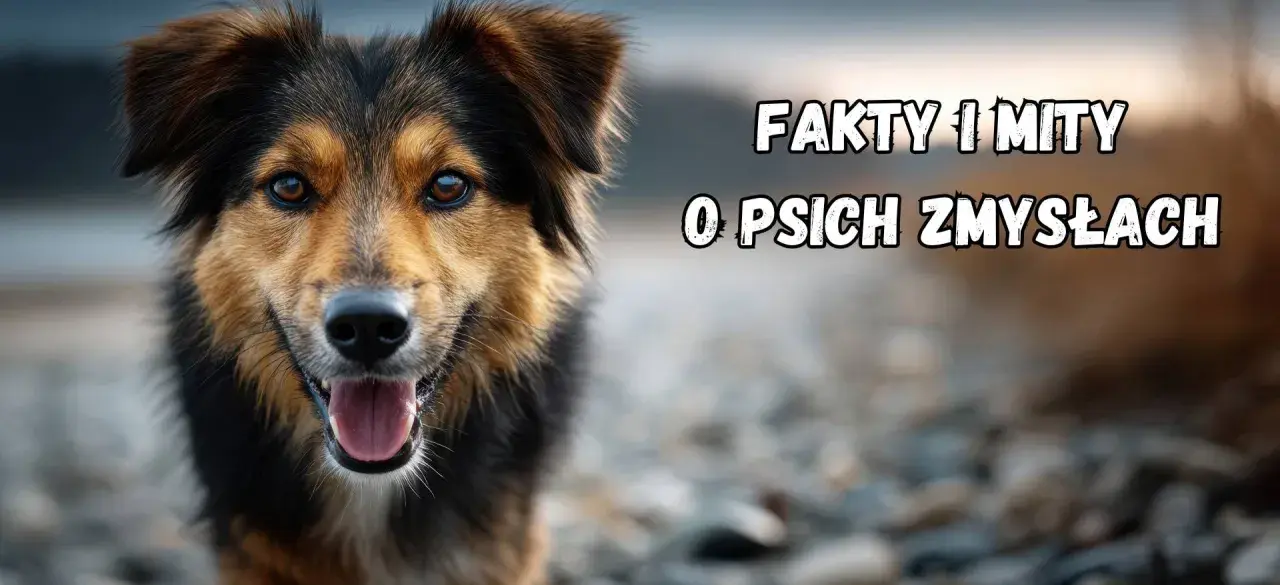 Uroczy piesek z otwartym pyskiem. Tekst na obrazku: "Fakty i mity o psich zmysłach". Poznaj fascynujące ciekawostki o psach!