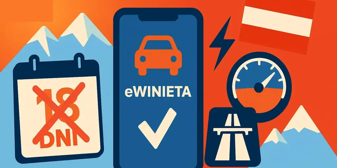 Grafika przedstawia telefon z napisem "eWINIETA", kalendarz z przekreślonym "18 DNI", flagę Austrii, prędkościomierz i symbol autostrady.
