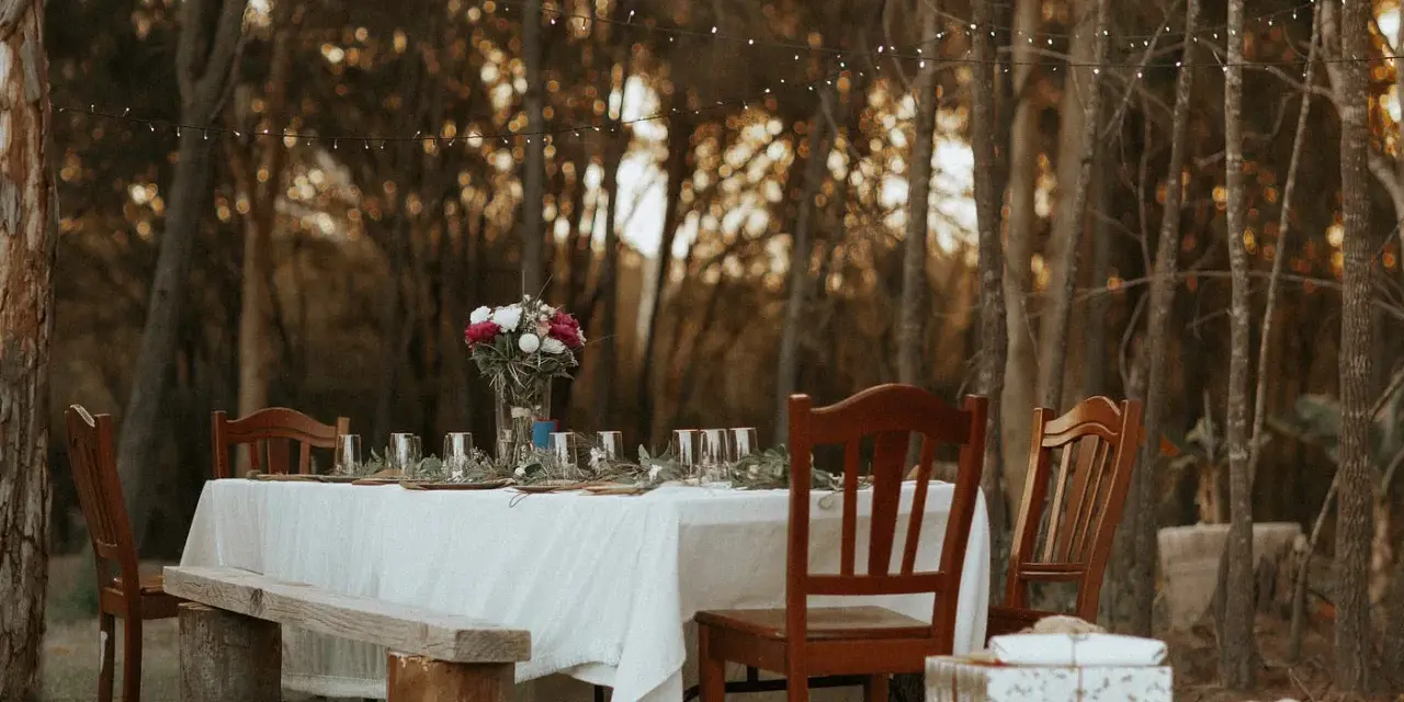 A beautifully set table in a forest clearing, ready for the reception and care of guests. String lights twinkle above, and a floral centerpiece graces the linen-covered table.