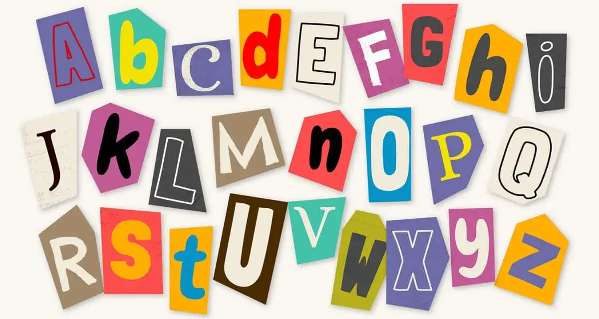 Abecedario mayúsculas y minúsculas letra escolar. Las letras del abecedario, cortadas de revistas, forman un collage colorido y divertido.