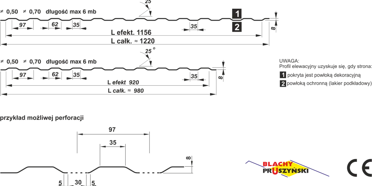 Schemat blachy trapezowej z wymiarami: szerokość 97, 62, 35 mm, grubość 0,50-0,70 mm, długość max 6 mb.