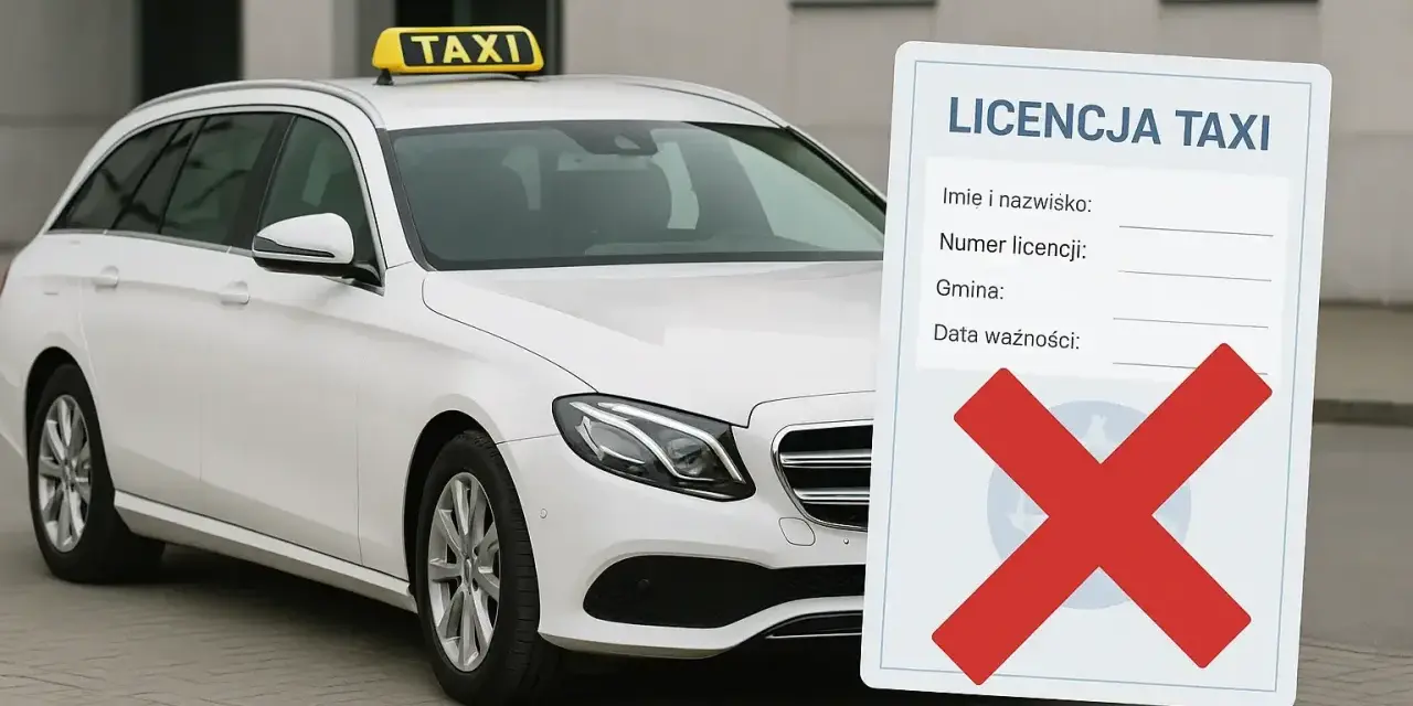 Biała taksówka z tabliczką "TAXI" i dokumentem "LICENCJA TAXI" z przekreślonym krzyżykiem. Kod zawodu taksówkarz.