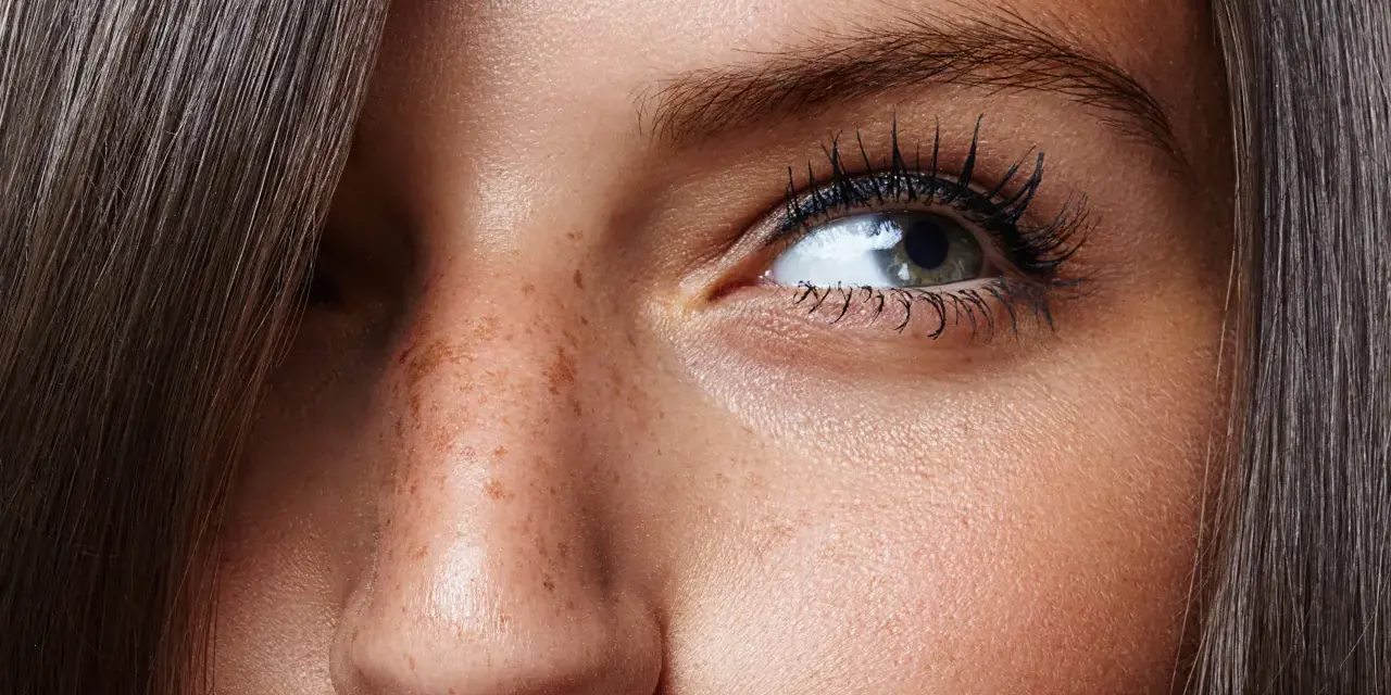 Nahaufnahme eines Gesichts mit Sommersprossen und feinen **Falten unter den Augen**. Dunkles Haar umrahmt das Auge.