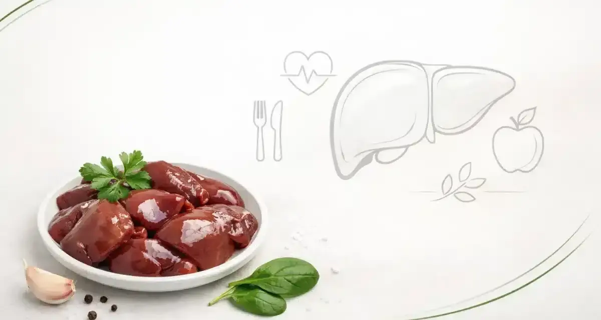 Surowa wątróbka na talerzu, obok czosnek i przyprawy. Grafika wątroby i serca sugeruje, czy wątróbka jest zdrowa.