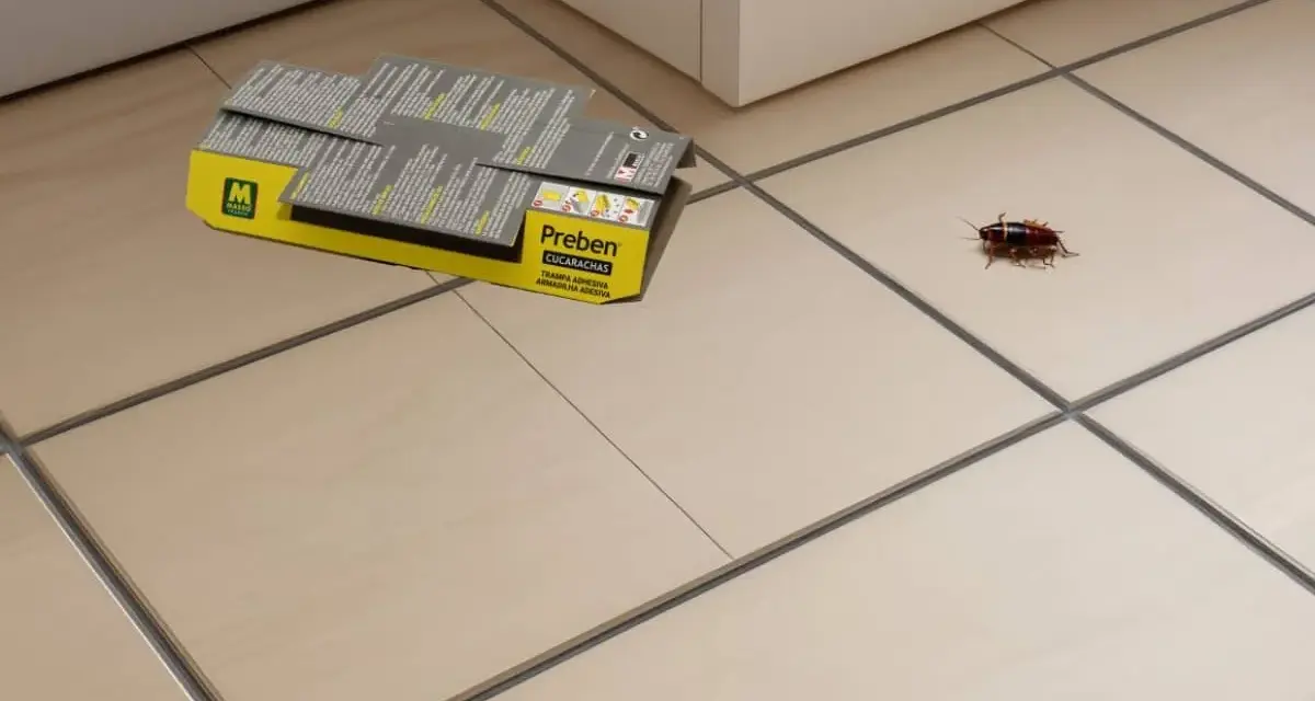 Una cucaracha se encuentra cerca de una caja de trampas adhesivas Preben, lista para desinfectar cucarachas.
