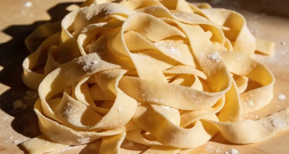 Świeży, domowy makaron tagliatelle, gotowy do zupy z makaronem. Złociste wstążki mączne, lekko oprószone mąką, ułożone na drewnianej desce.