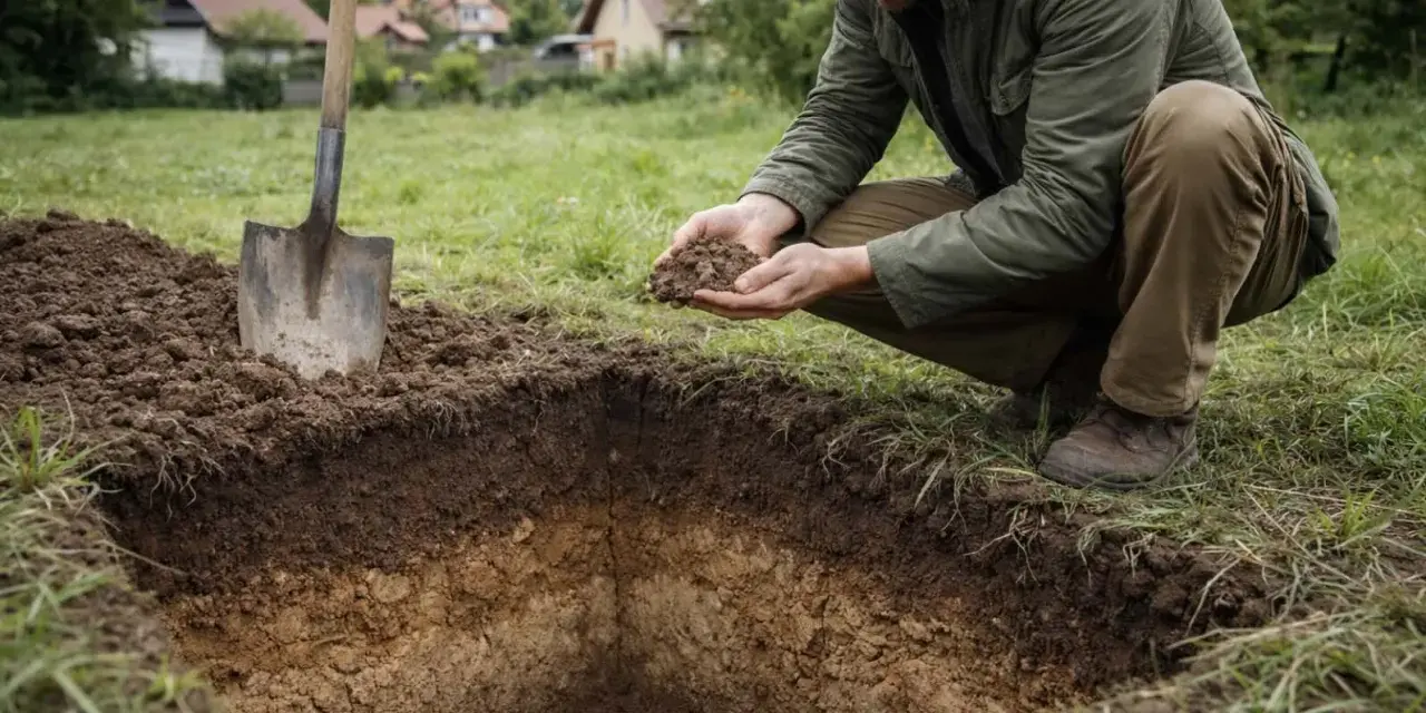Mężczyzna bada ziemię po wykonaniu odwiertów geotechnicznych. Widać wykop i łopatę.