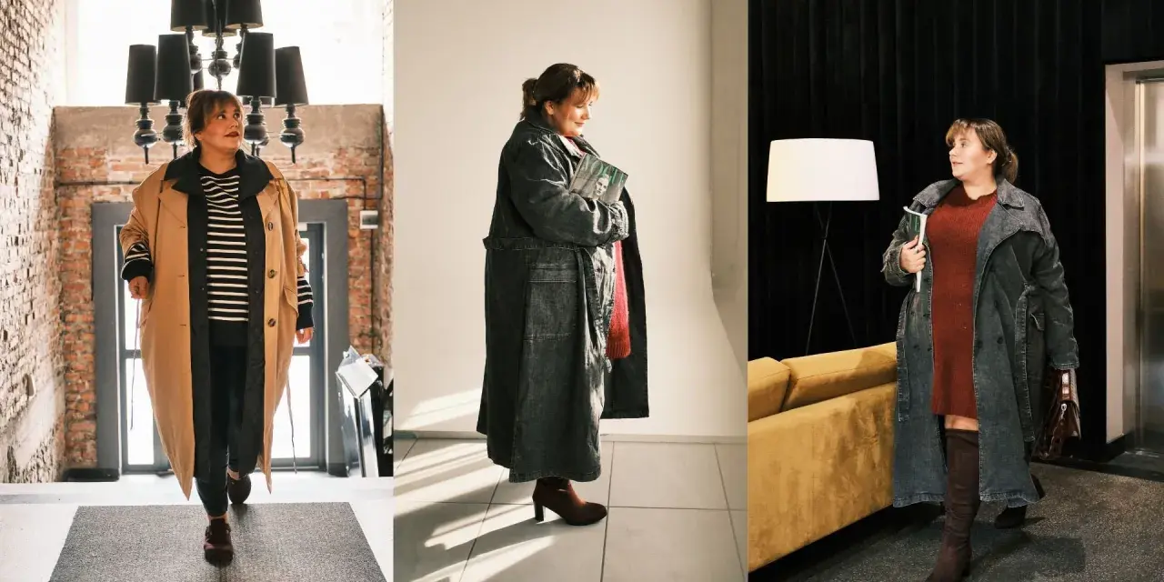 Kobieta w różnych stylizacjach plus-size: płaszcze, sukienka, sweter, spodnie.