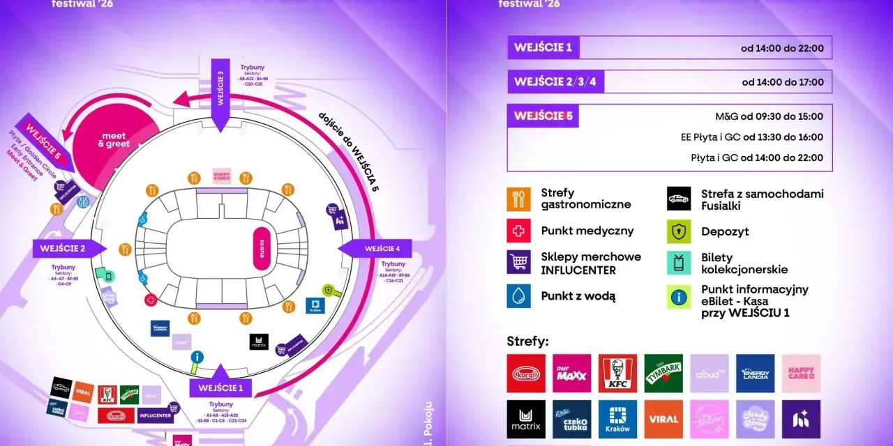 Mapa festiwalu z oznaczeniami wejść, stref gastronomicznych, punktów medycznych i innych udogodnień.