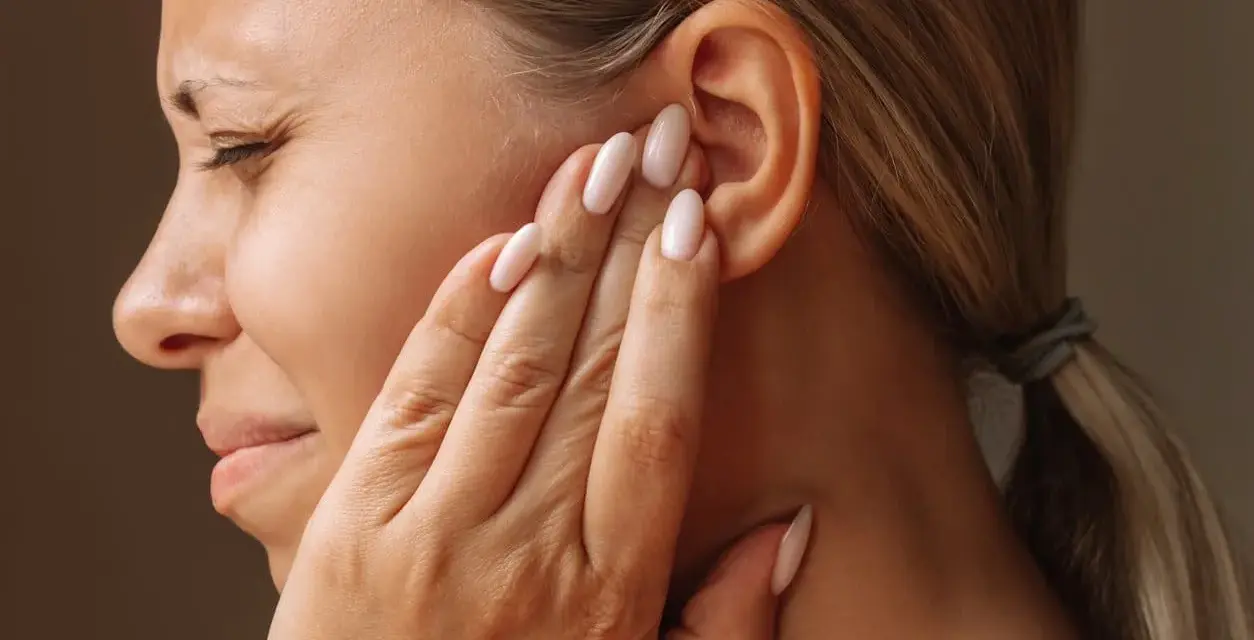 Une femme se tient l'oreille, le visage crispé, comme si elle entendait un bruit sourd dans les oreilles.