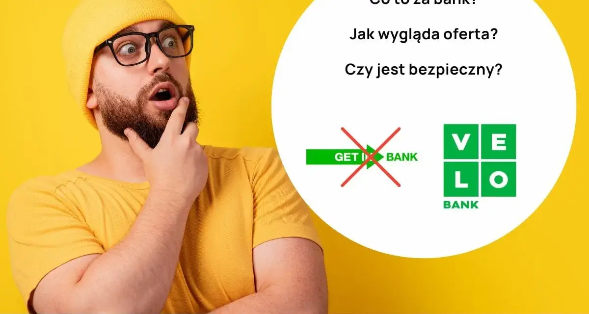 Zaskoczony mężczyzna zastanawia się, czy Velo Bank jest bezpieczny. Obok pytania o bezpieczeństwo banku widnieje logo Velo Bank.