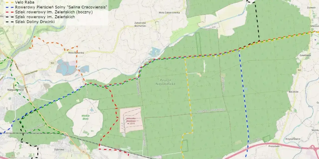 Mapa szlaków rowerowych w okolicach Niepołomic i Puszczy Niepołomickiej. Widać tu m.in. Bursztynowy Szlak Greenways i Szlak Doliny Drwinki.