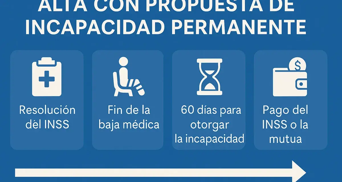 Proceso de alta médica con propuesta de incapacidad permanente: resolución del INSS, fin de baja, 60 días para otorgar incapacidad y pago.