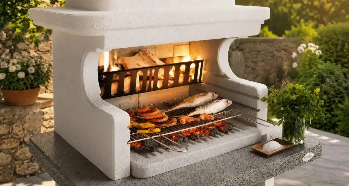 Una succulenta grigliata di pesce e spiedini cuoce su un barbecue in pietra, con fiamme vive e un contorno verdeggiante.