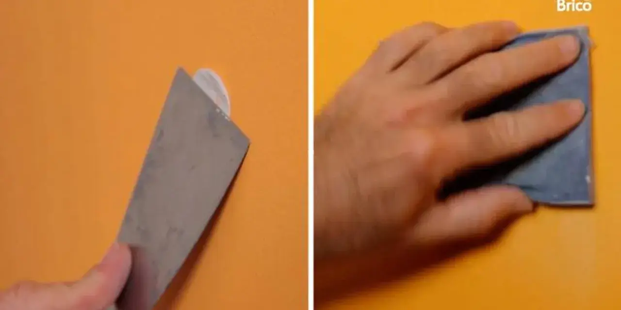 Herramienta para quitar tacos de la pared y mano lijando.