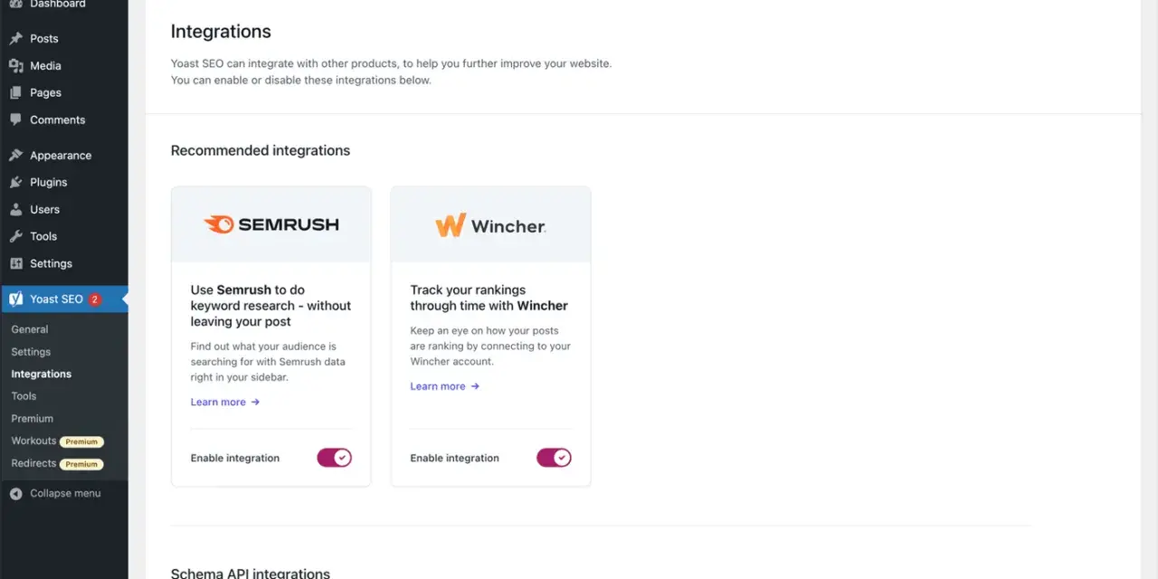 Interface d'administration WordPress, section Yoast SEO. Intégrations Semrush et Wincher pour améliorer le référencement site WordPress.