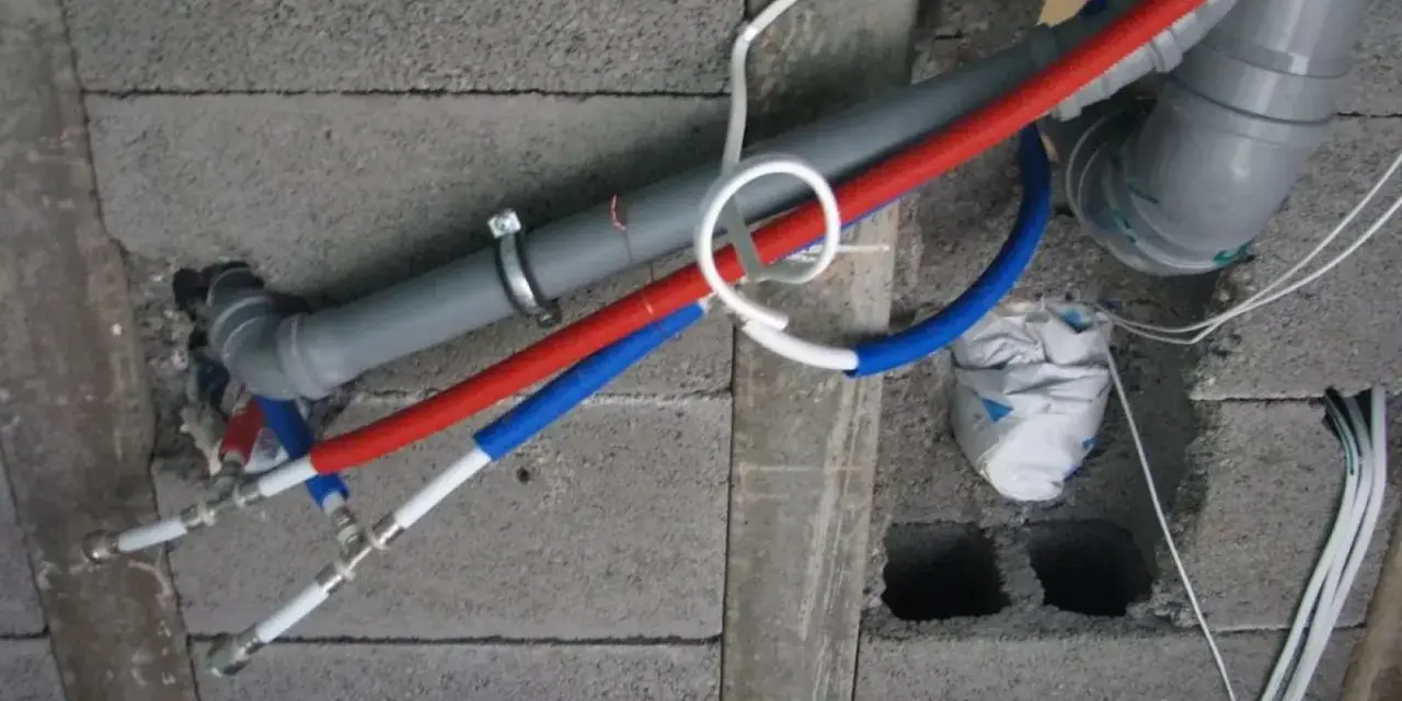 Instalacja wodna z rurami PP w ścianie z pustaków. Widoczne rury czerwone i niebieskie, szary odpływ.