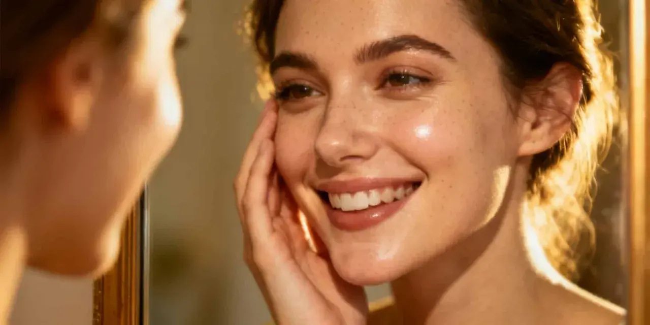 Un sourire radieux, une peau éclatante et des taches de rousseur. Elle se touche le visage, savourant le bien-être d'une peau hydratée en profondeur.