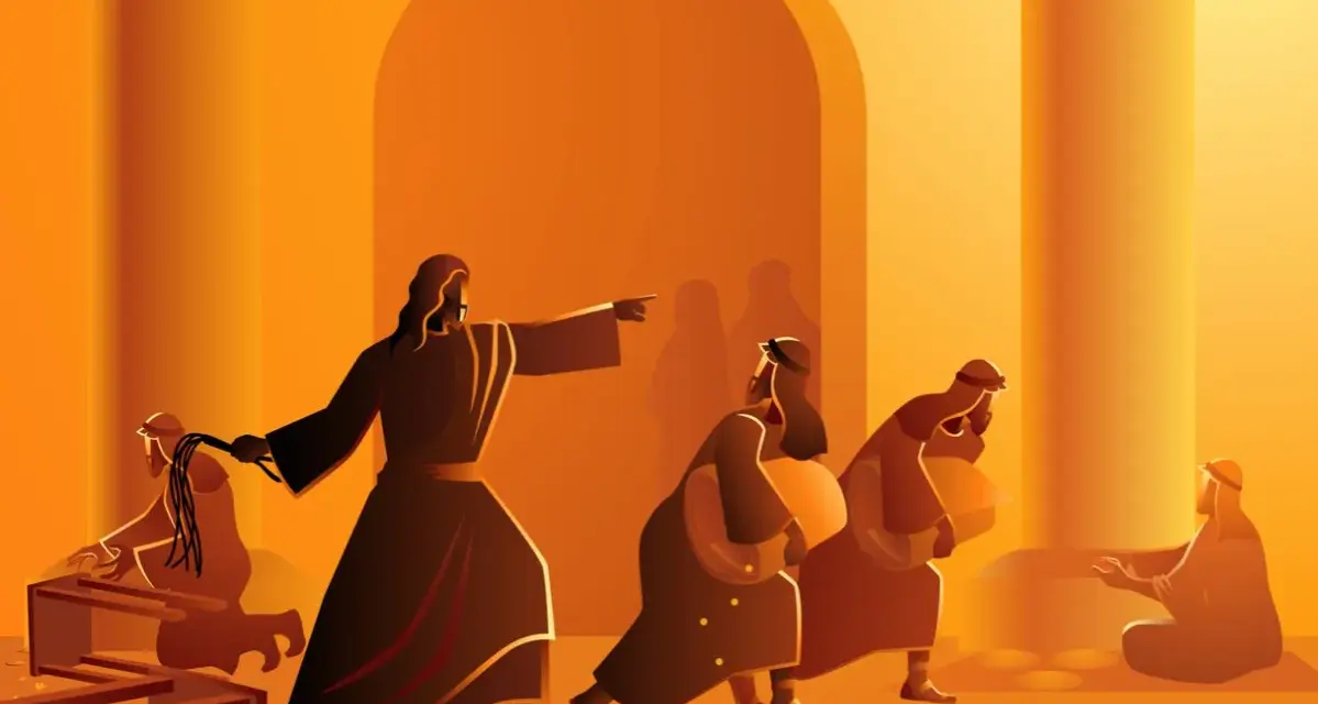 Jesus, with a whip, drives out merchants from the temple. This scene illustrates why Jesus flipped tables, angered by the commercialization of sacred space.
