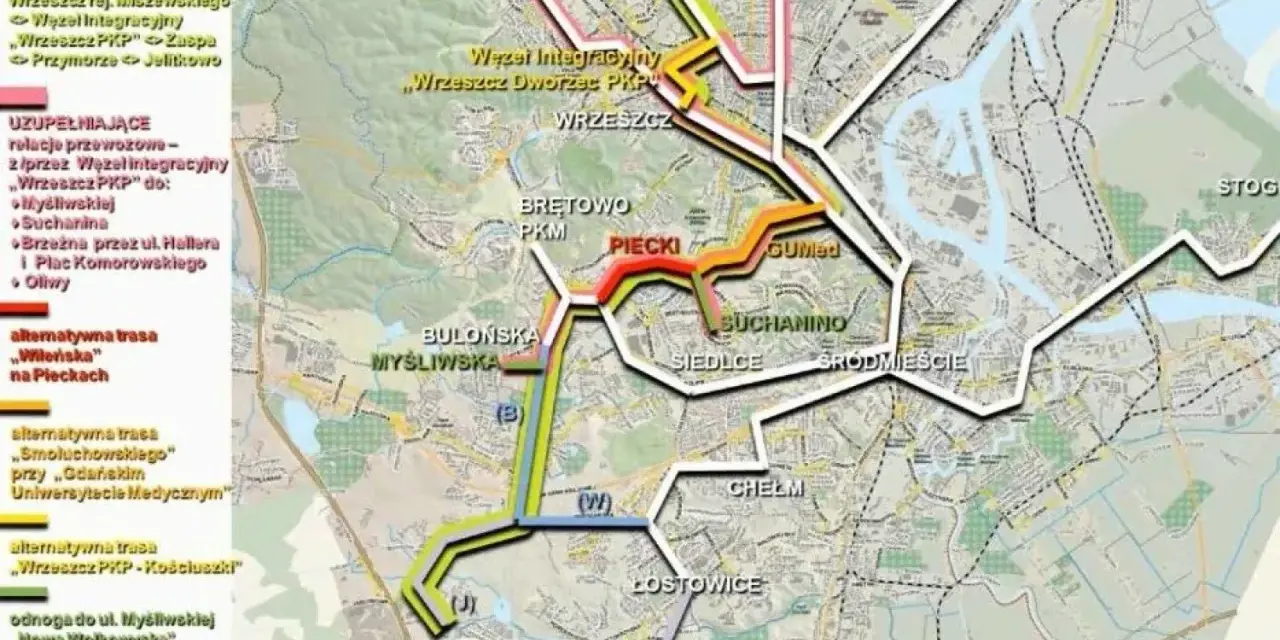 Mapa komunikacyjna z zaznaczonymi trasami, w tym 126 rozkład jazdy Banino. Kolorowe linie pokazują połączenia między dzielnicami.