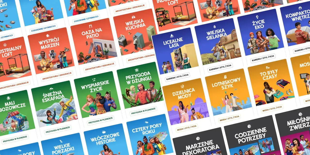 Siatka miniatur z grafikami z gry Sims 4, przedstawiającymi różne pakiety i modyfikacje.