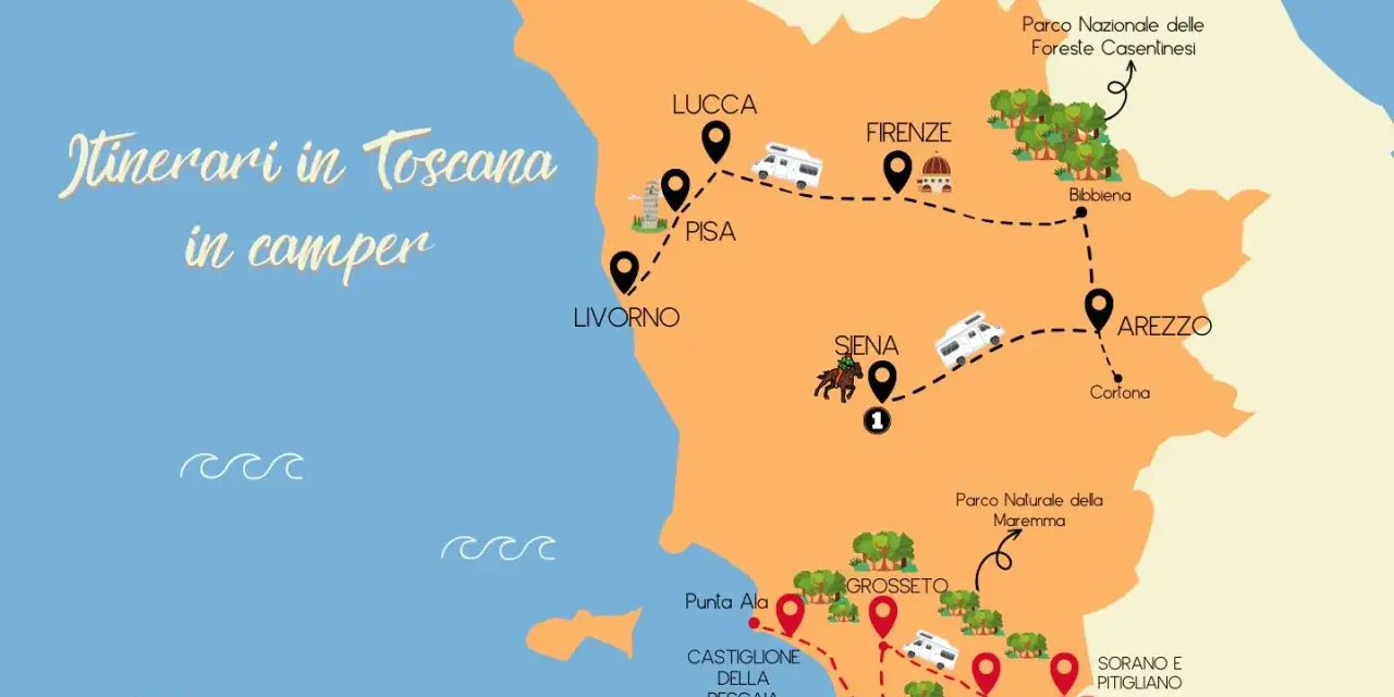 Mappa di itinerari in Toscana in macchina, con tappe a Lucca, Pisa, Firenze, Siena, Arezzo, Grosseto e la costa.