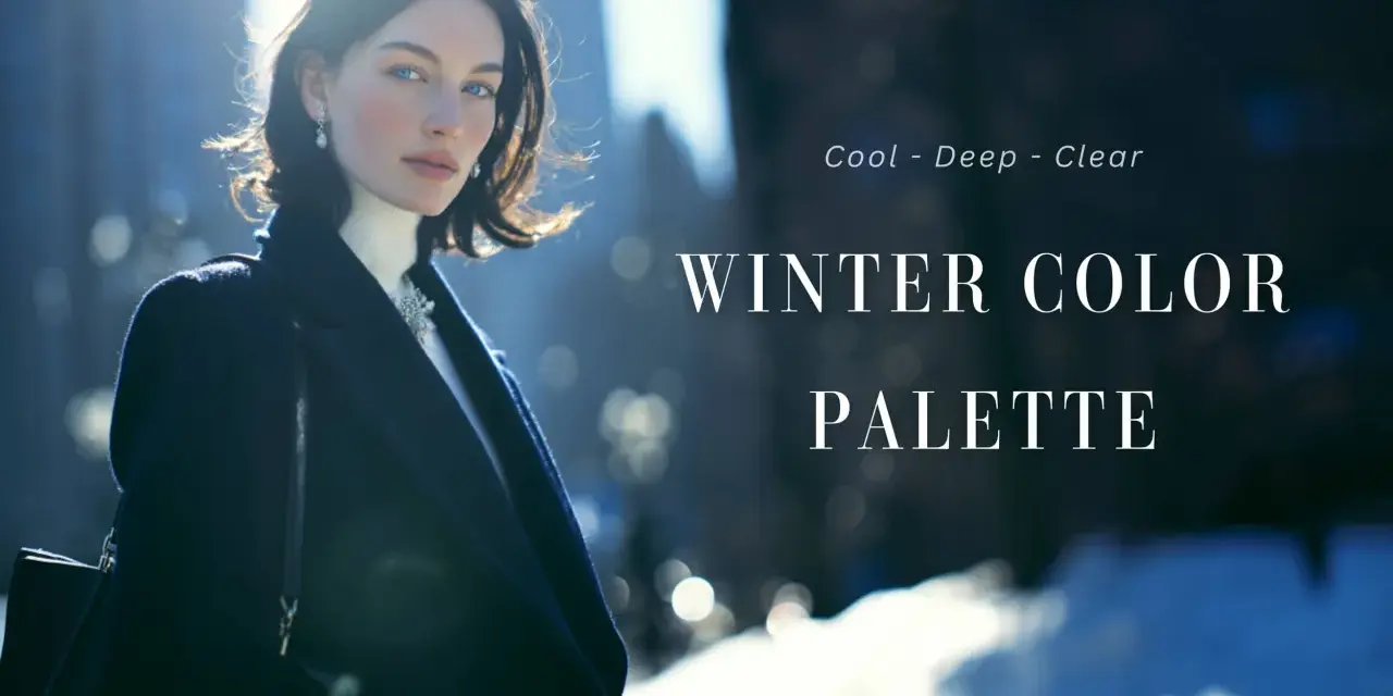 Mujer con abrigo oscuro y cuello alto blanco, reflejando la paleta de colores de la **temporada de invierno**: fríos, profundos y claros.