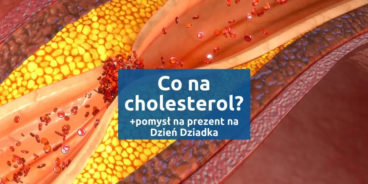 Przekrój naczynia krwionośnego z widocznym złogiem miażdżycowym i czerwonymi krwinkami. Napis: "Co na cholesterol? +pomysł na prezent na Dzień Dziadka".