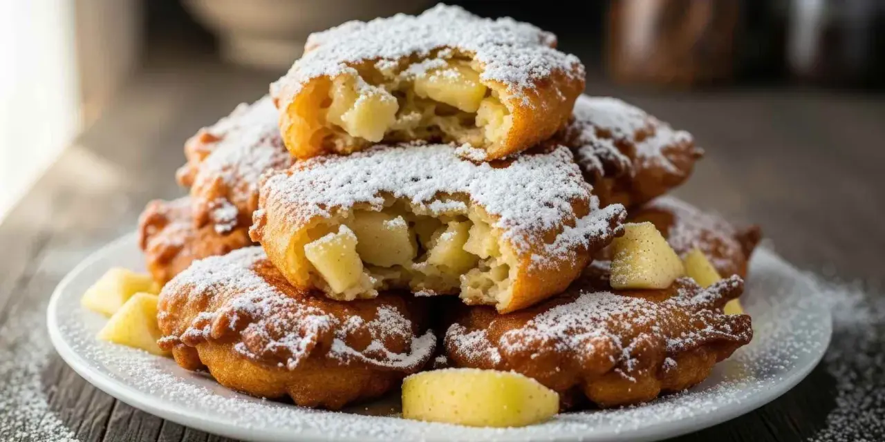 Buñuelos de manzana dorados y esponjosos, espolvoreados con azúcar glas. Un bocado dulce y crujiente.