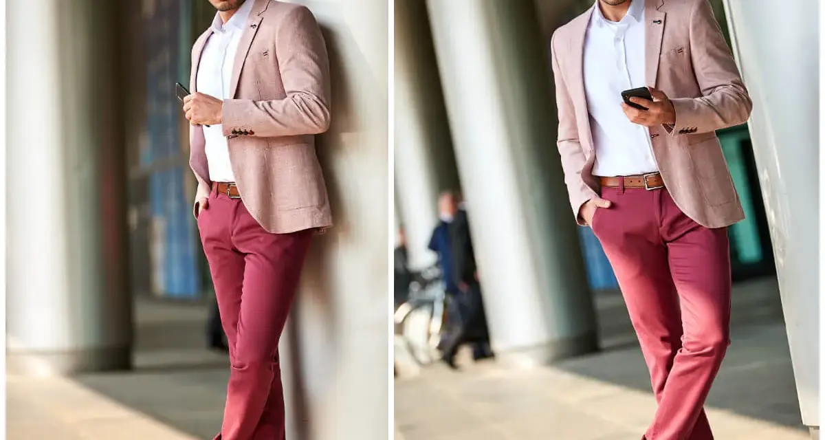 Elegancki mężczyzna w różowej marynarce i bordowych spodniach. Szukasz marek odzieży męskiej, które oferują najlepszy stosunek jakości do ceny na co dzień?