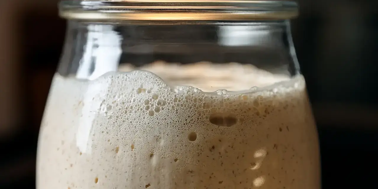 Ein Glas mit schaumigem Sauerteig, der sich nicht verdoppelt. Kleine Bläschen und eine cremige Textur sind sichtbar.