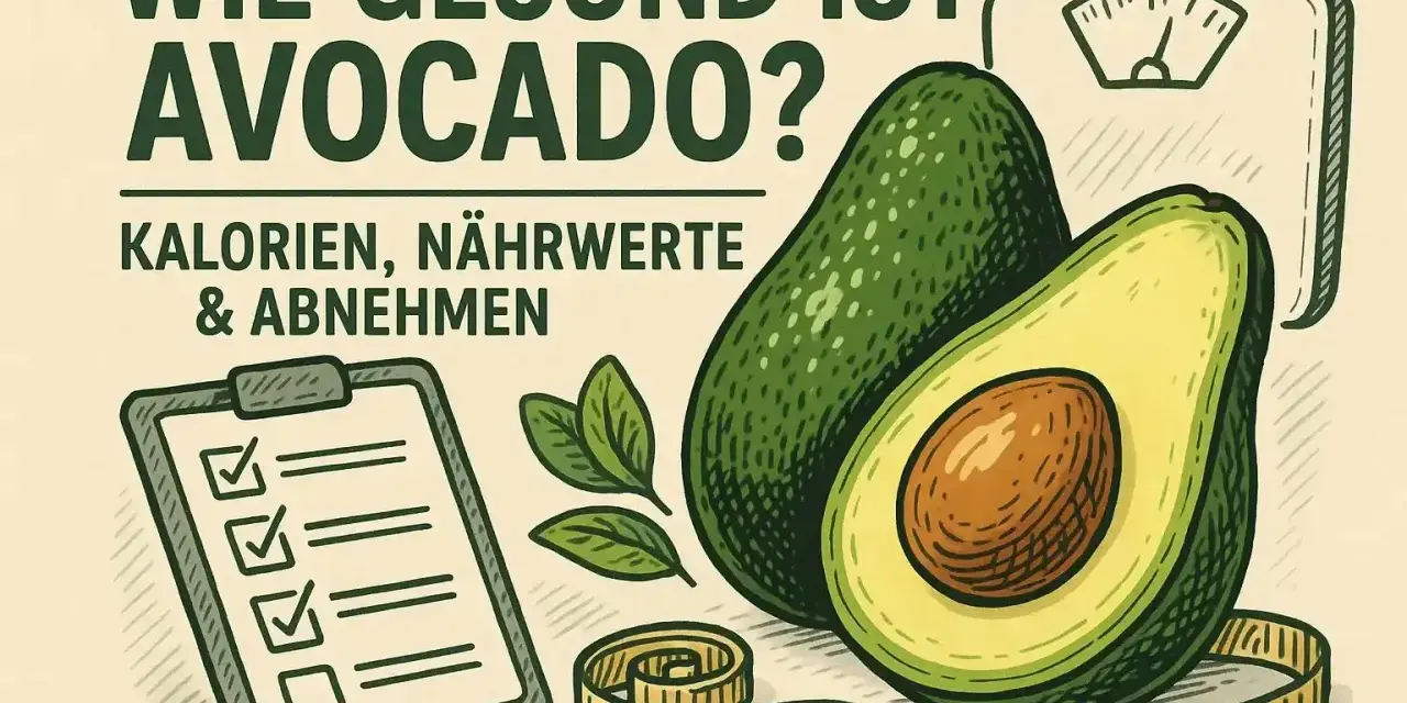 Wie gesund ist Avocado? Kalorien, Nährwerte & Abnehmen. Eine Waage, Maßband und Checkliste deuten auf die gesunde Ernährung mit Avocado hin.