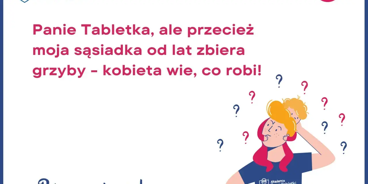 Rodzice zastanawiają się, od ilu lat dzieci mogą jeść grzyby. Ilustracja przedstawia zamyśloną osobę z dzieckiem na ramionach, otoczoną znakami zapytania.