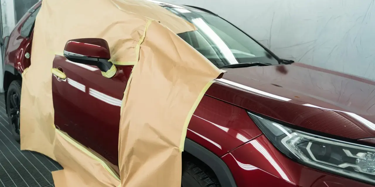 Voiture rouge bordeaux masquée pour la peinture. On se demande combien de temps entre peinture et vernis pour un tel travail.