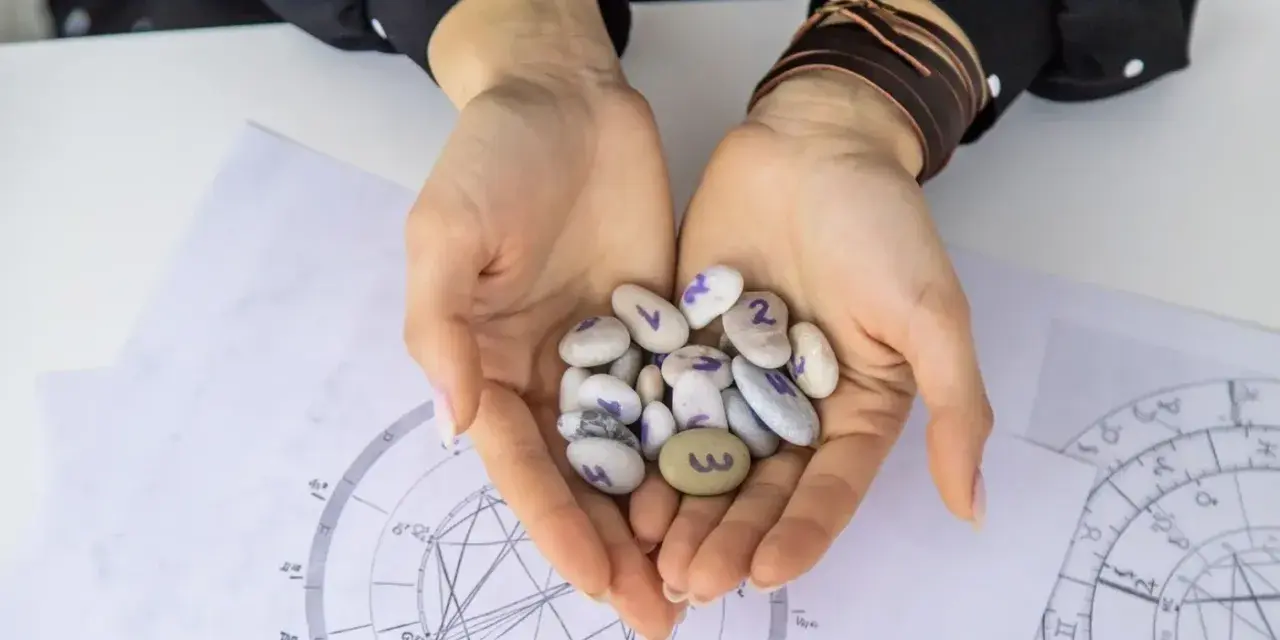 Dłonie trzymają kamyki z numerami, jeden z nich to 3, co może symbolizować numerologiczną 6. W tle wykresy astrologiczne.