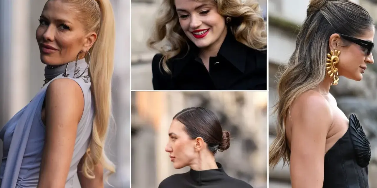 Eleganckie półupięcie na wesele: wysoki kucyk, fale w stylu retro, niski kok i upięcie z luźnymi pasmami.