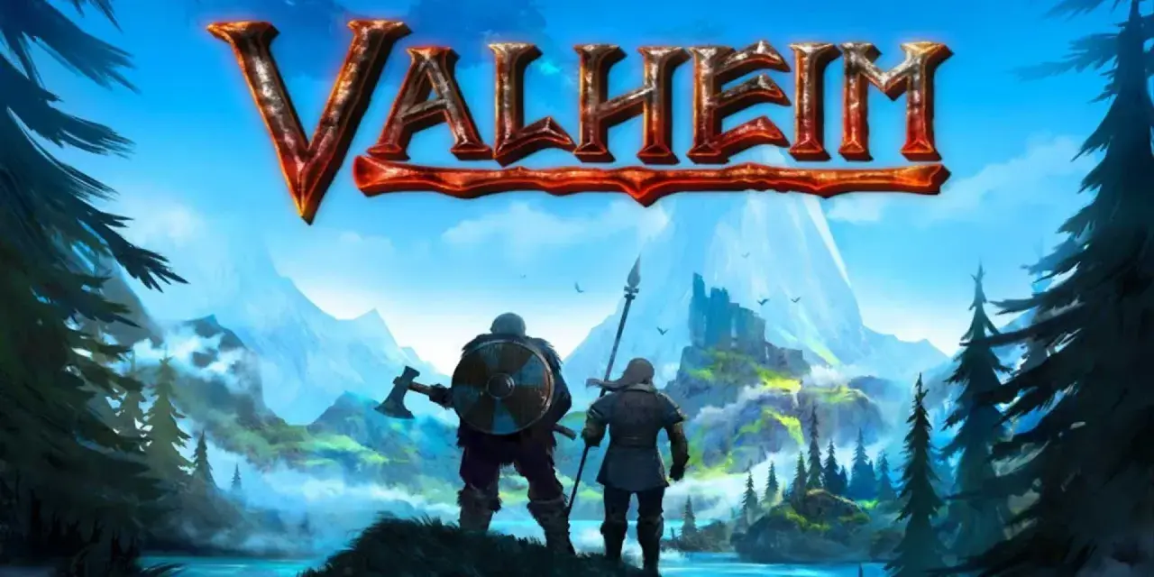 Dwóch wikingów z toporem i włócznią patrzy na górzysty krajobraz. Valheim na Xbox Game Pass.