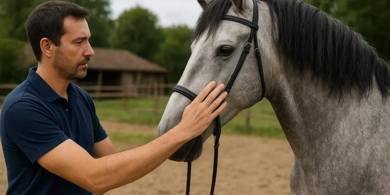 Un homme caresse la tête d'un magnifique cheval lusitanien gris, dans un manège.