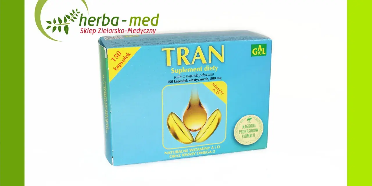 Pudełko suplementu diety Tran z olejem z wątroby dorsza, witaminami A, D i kwasami omega-3.
