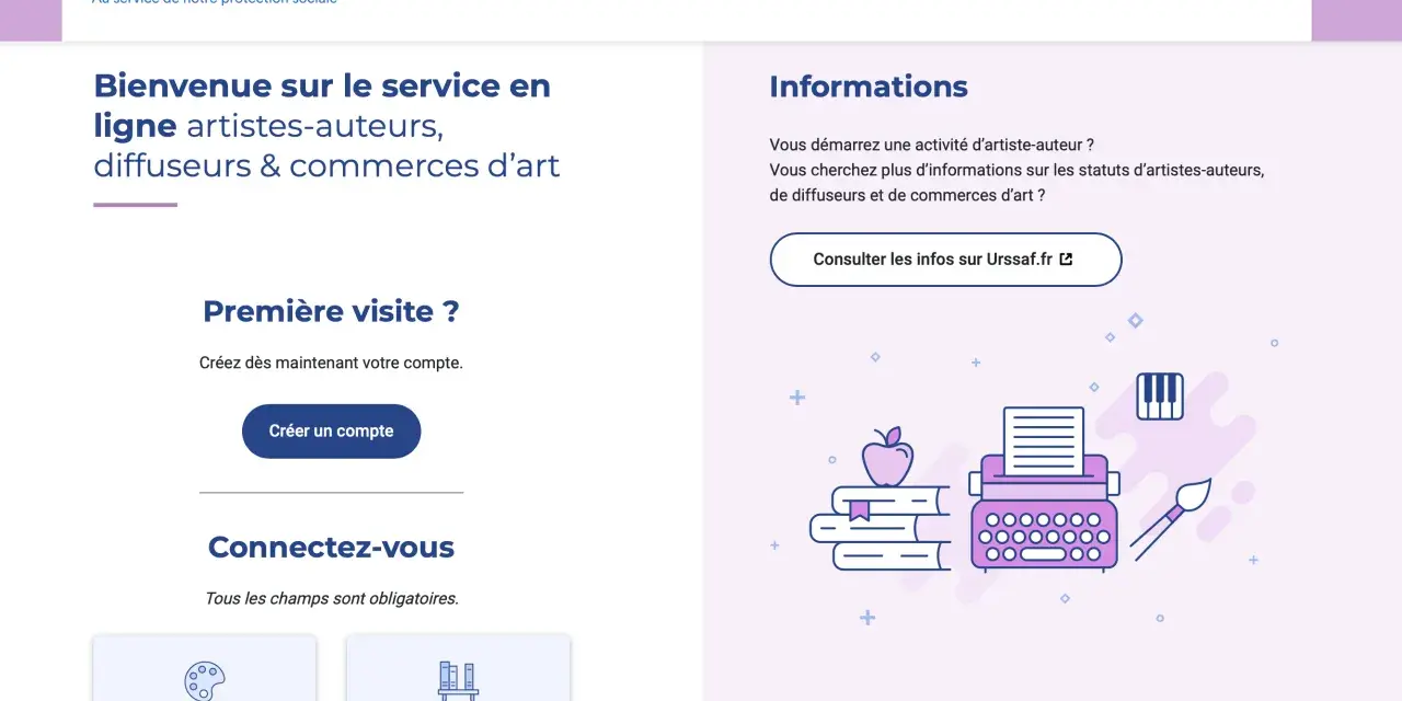 Bienvenue sur le service Urssaf pour artistes-auteurs. Informations sur la cotisation artiste-auteur sans revenus et création de compte.