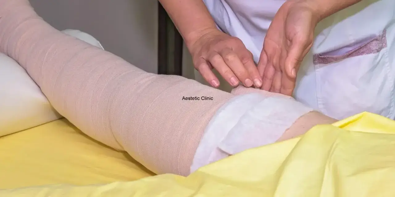 Noga owinięta bandażem kompresyjnym, ręce terapeuty.