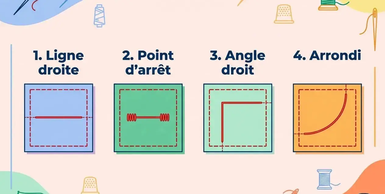 Illustrations montrant différents types de couture : ligne droite, point d'arrêt, angle droit et arrondi.