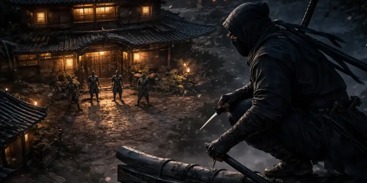 Un ninja acecha desde un tejado, observando a otros guerreros en un pueblo iluminado. La escena evoca la tensión de los juegos de ninjas.