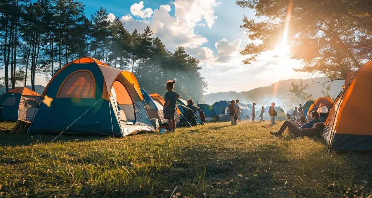 Un campement de tentes colorées sous un ciel bleu éclatant. Des enfants jouent et des adultes se détendent, profitant d'un moment de camping mineur paisible.