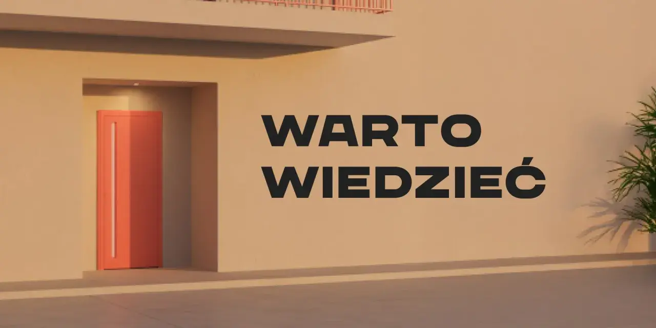 Nowoczesne drzwi w odcieniu koralowym, idealne do ciepłego montażu. Napis "WARTO WIEDZIEĆ" na jasnej ścianie.