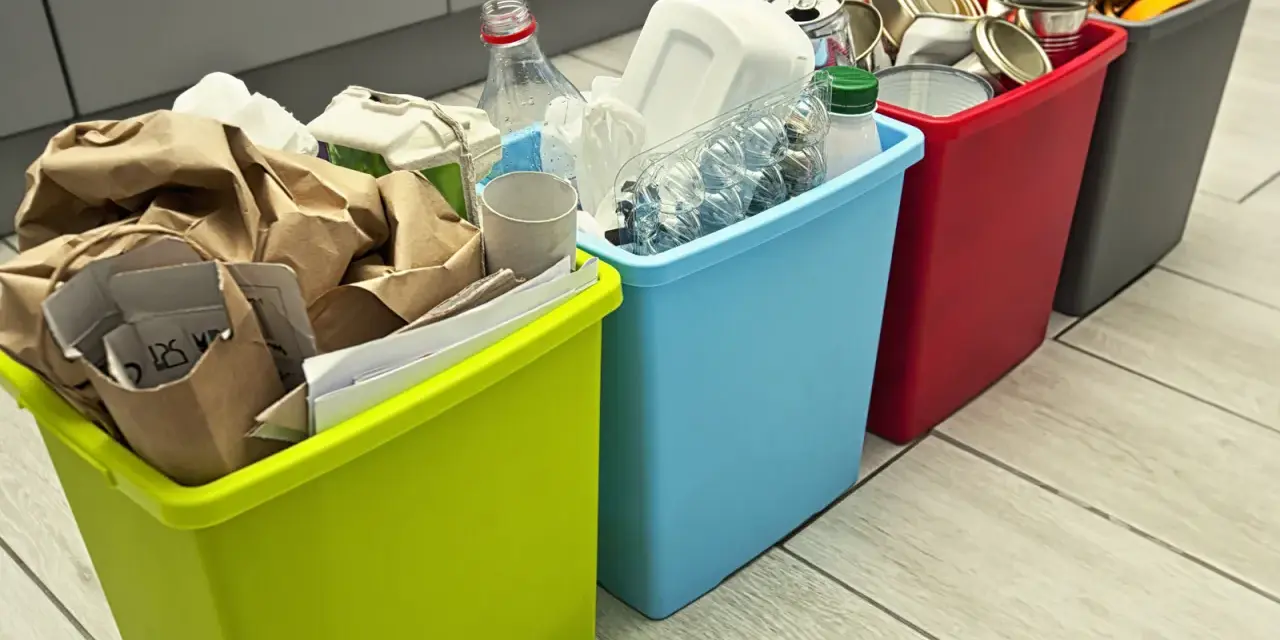 Cztery kolorowe kosze na śmieci z posegregowanymi odpadami: papier, plastik, metal i bio.