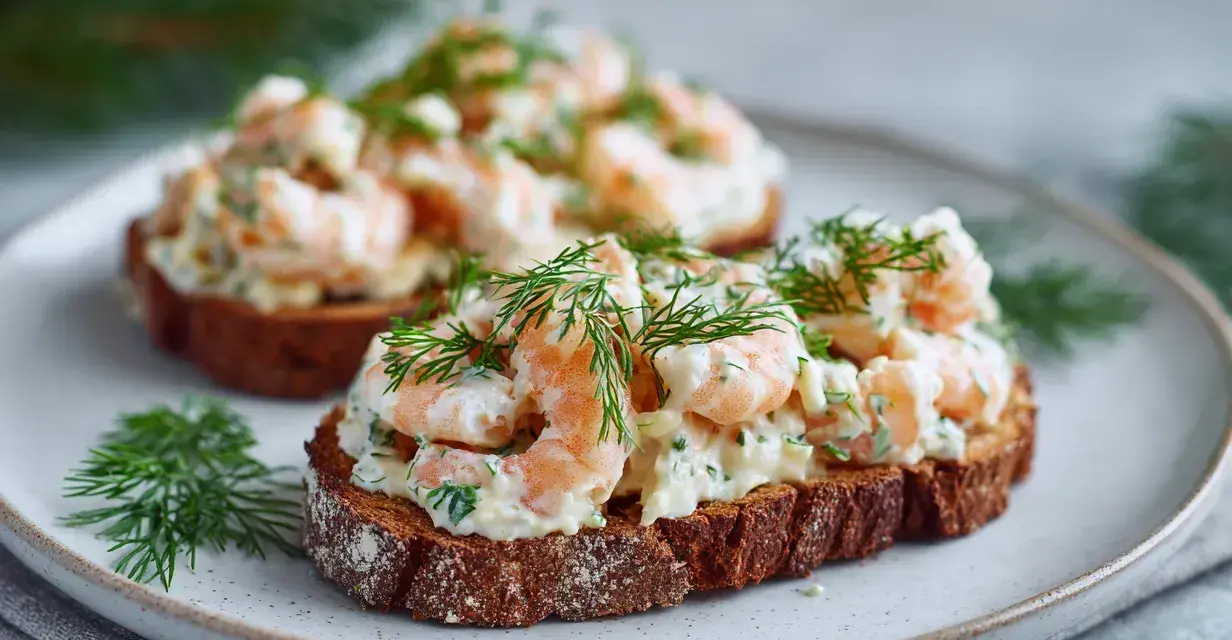 Två toast Skagen med dill på mörkt bröd, serverade på en tallrik med juldekorationer i bakgrunden.