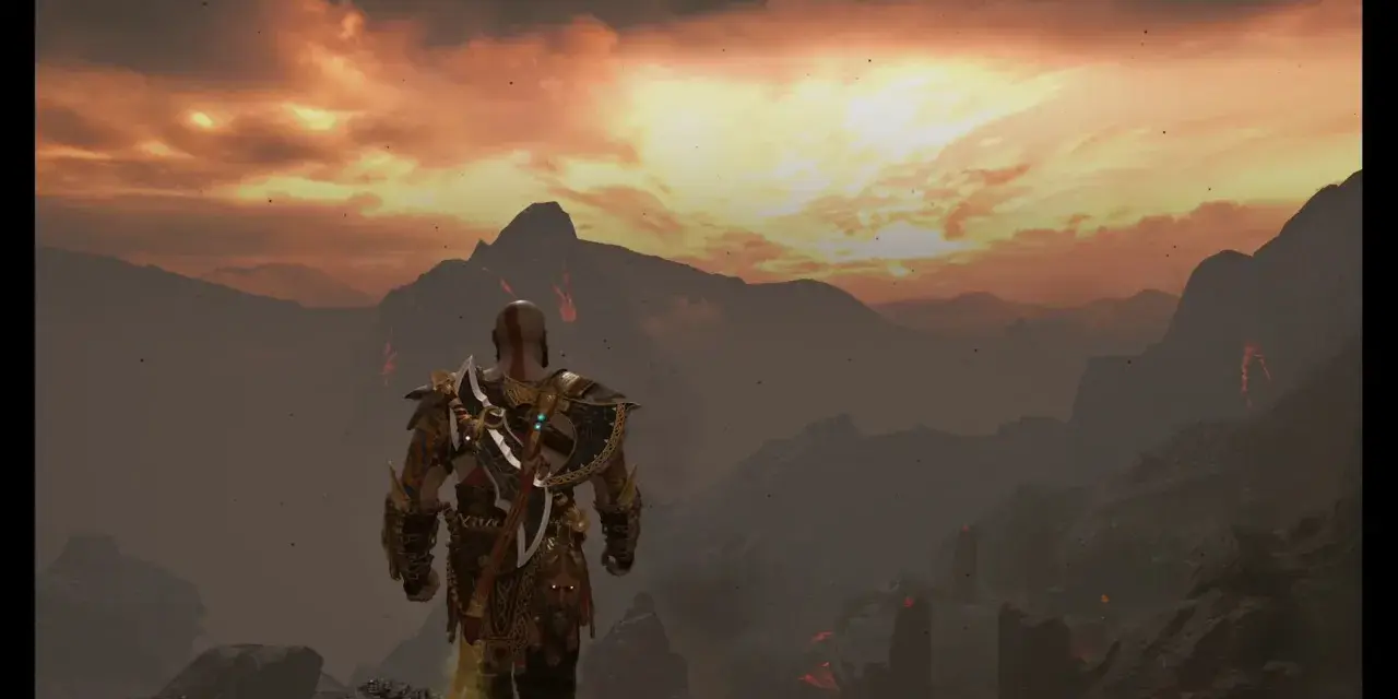 Kratos, el dios de la guerra, contempla el paisaje infernal de Muspelheim bajo un cielo ardiente.