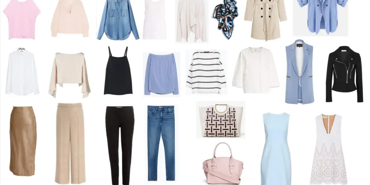 Conjunto de ropa y accesorios para crear looks versátiles. Incluye prendas básicas, abrigos, pantalones, faldas, vestidos, zapatos y bolsos, ideales para renovar tus **fondos de armario**.