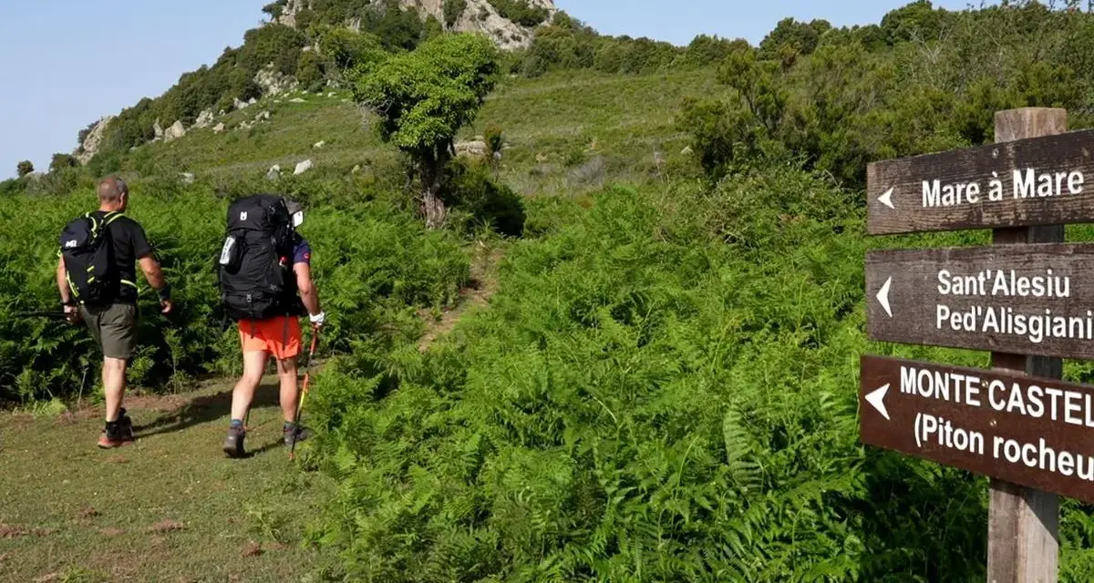 Deux randonneurs suivent un sentier bordé de fougères. Un panneau indique la direction de Mare a Mare Nord.